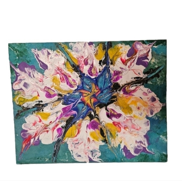 Hand Crafted original fluid art abstract dutch pour floral art upcycled blue - Picture 3 of 12